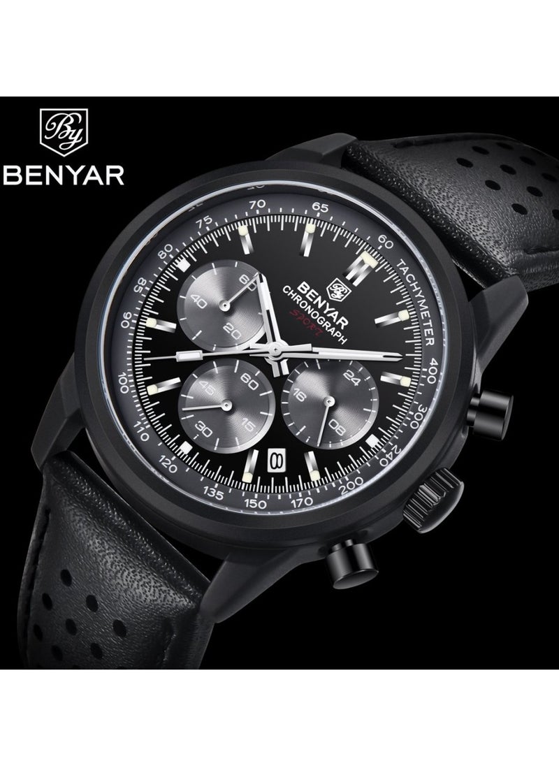 Watches for Men Luxury Quartz Water Resistant Watch Men's Chronograph Genuine Leather Strap 5188 Black