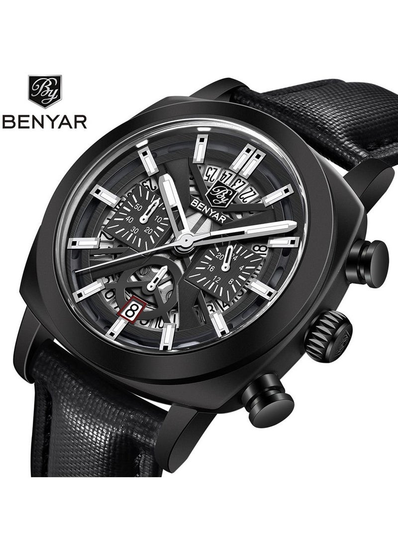 Watches for Men Luxury Quartz Water Resistant Watch Men's Chronograph Genuine Leather Strap 5205 Black