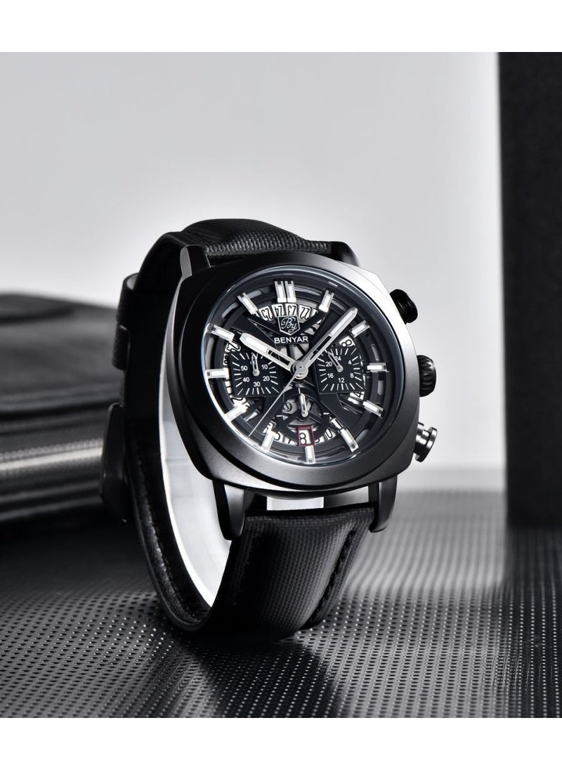 Watches for Men Luxury Quartz Water Resistant Watch Men's Chronograph Genuine Leather Strap 5205 Black