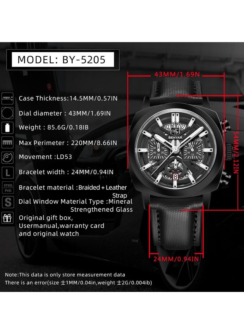 Watches for Men Luxury Quartz Water Resistant Watch Men's Chronograph Genuine Leather Strap 5205 Black