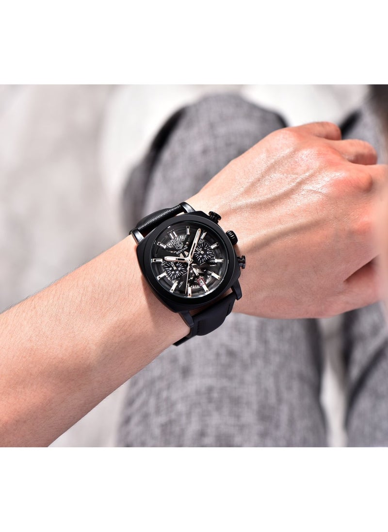 Watches for Men Luxury Quartz Water Resistant Watch Men's Chronograph Genuine Leather Strap 5205 Black