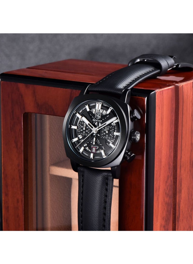 Watches for Men Luxury Quartz Water Resistant Watch Men's Chronograph Genuine Leather Strap 5205 Black