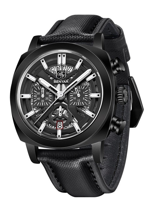 Watches for Men Luxury Quartz Water Resistant Watch Men's Chronograph Genuine Leather Strap 5205 Black