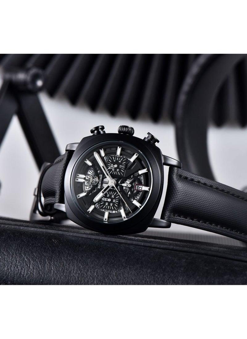 Watches for Men Luxury Quartz Water Resistant Watch Men's Chronograph Genuine Leather Strap 5205 Black