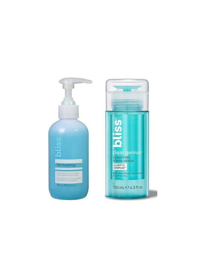 Bliss Fab Foaming Cleanser & Clear Genius Toner + Serum | Pore Purifying Duo for Clear Skin | 2 Step Skincare Routine | Clean, Vegan, Cruelty-Free