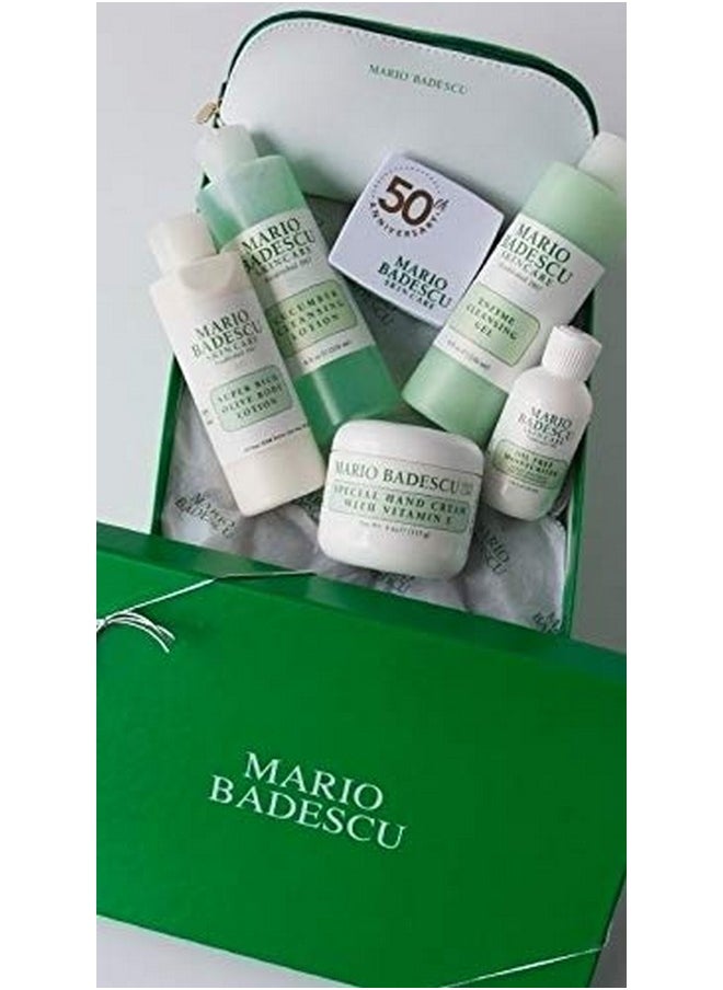 Mario Badescu MB Favorites Collection, Skin Care Gift Set Includes SPF 17 Moisturizer, Enzyme Cleansing Gel, Cucumber Cleansing Lotion, Hand Cream, Body Lotion, Cosmetic Bag & Compact Mirror