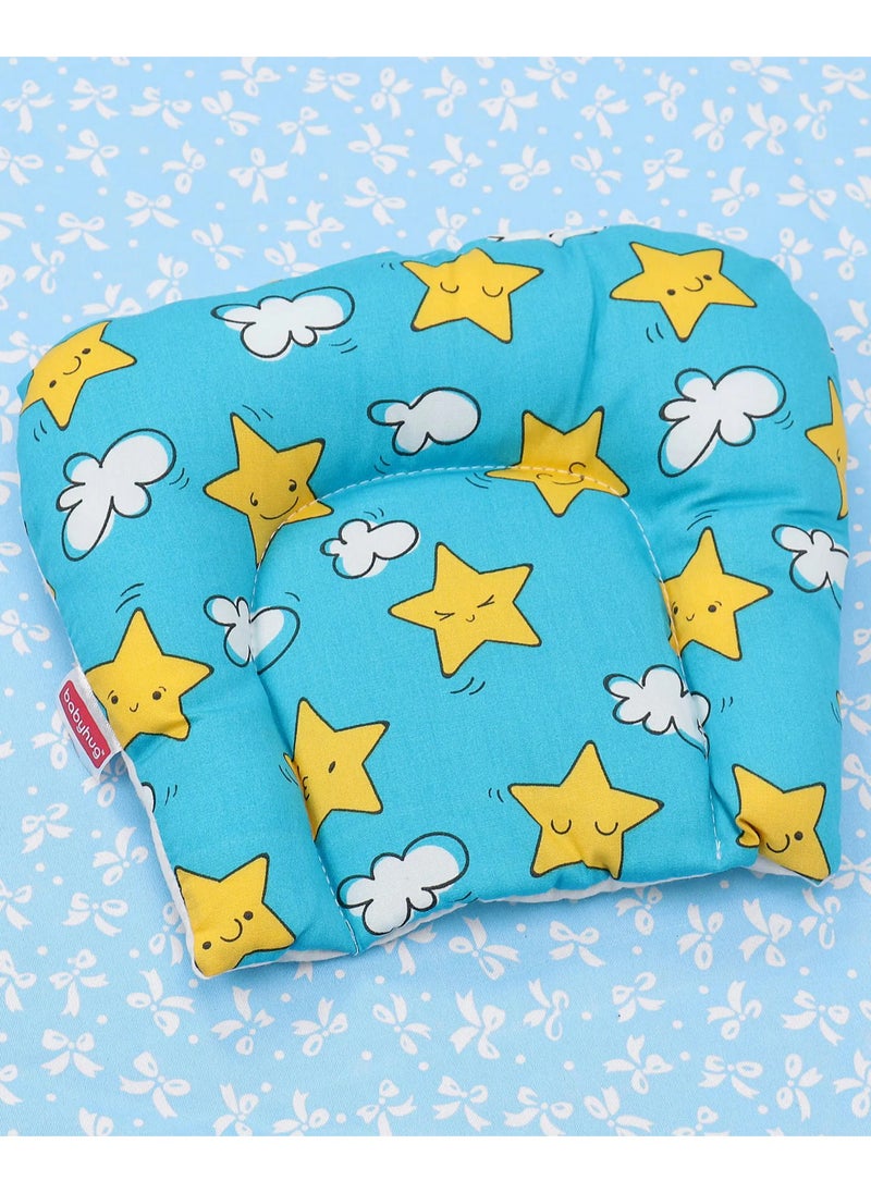 Babyhug Cotton U-Shaped Pillow, Star and Cloud Print, Blue - Comfortable Head Support, Prevents Flat Head Syndrome, 22x18x6cm, 0-6 Months