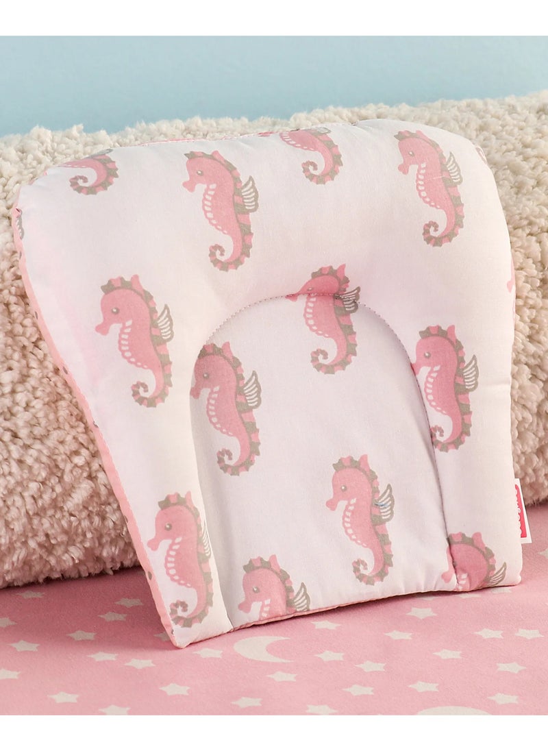 Babyhug U-Shaped Pillow for Babies 0-6 Months - Pink and White Sea Horse Print, Cotton, Prevents Flat Head Syndrome, Supportive Sleeping Aid, Durable