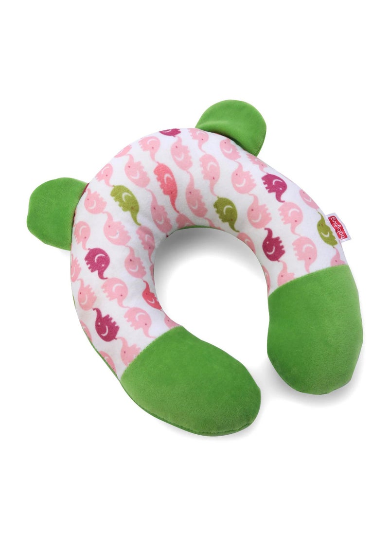 Babyhug U-Shaped Neck Support Pillow for 0-6 Months, Elephant Print, Pink and Green - Prevents Flat Head Syndrome, Ergonomic Design, 0-6 Months, 21x22 cm