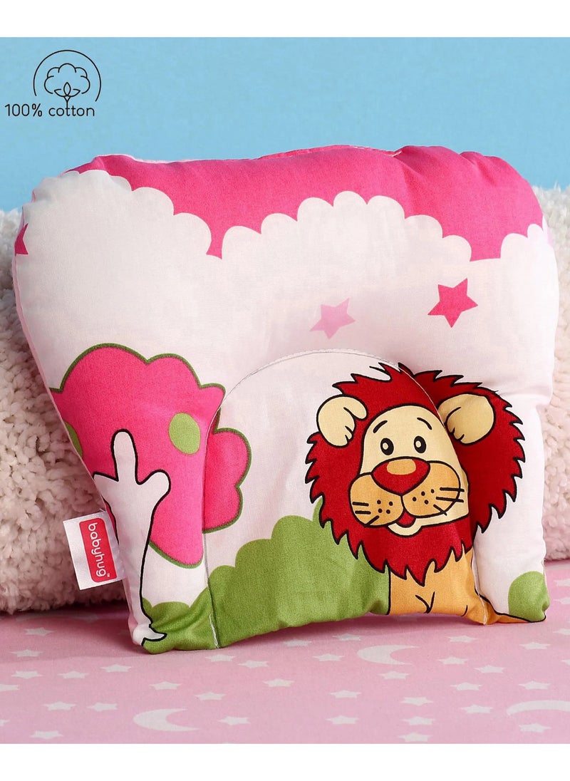 Babyhug Cotton U-Shaped Pillow, Jungle Print, Pink - Comfortable Head Support, Prevents Flat Head Syndrome, 22x18x6cm, 0-6 Months
