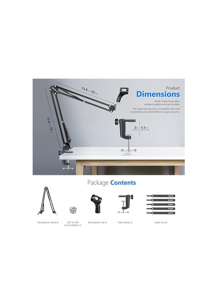 Neewer Microphone Arm Stand, Suspension Boom Scissor Mic Arm Stand with 3/8” to 5/8” Screw and Cable Ties Compatible with Blue Yeti, Snowball, Yeti X, Quadcast and Other Mics, Max Load 1.5kg
