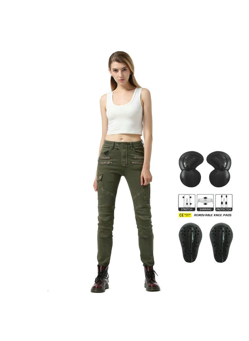 LOONG BIKER Womens Motorcycle Denim Pants 114-4 GREEN (UPGRADE