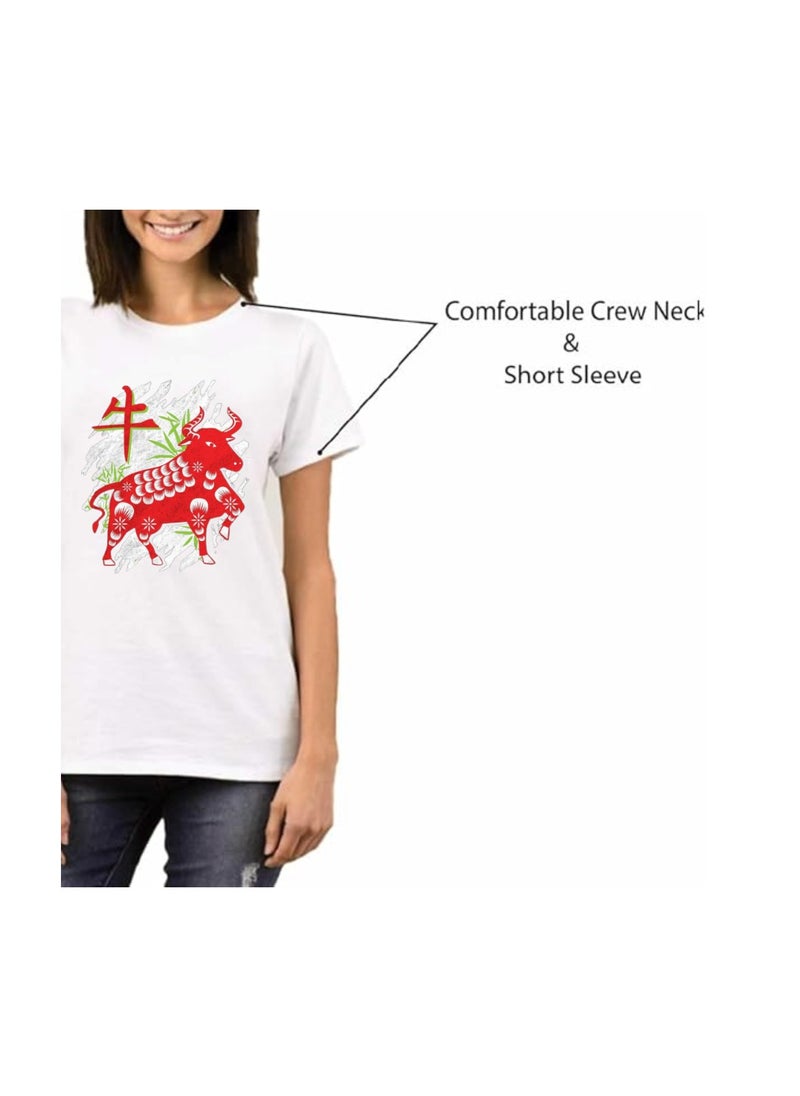 Chinese Zodiac Symbols T-Shirt For Women–Printed Design Short Sleeve Round Neck Cotton Tshirt–Comfortable And Stylish T-Shirt For Celebrations Day