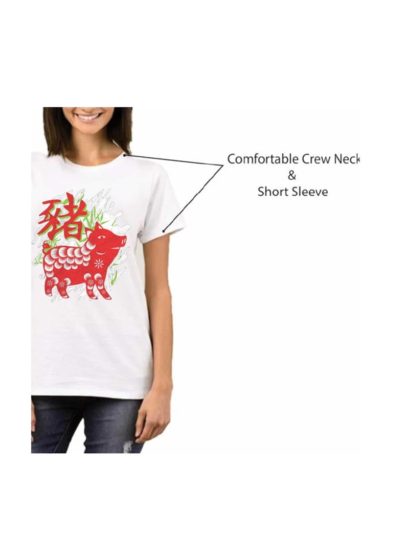 Chinese Zodiac Symbols T-Shirt For Women–Printed Design Short Sleeve Round Neck Cotton Tshirt–Comfortable And Stylish T-Shirt For Celebrations Day