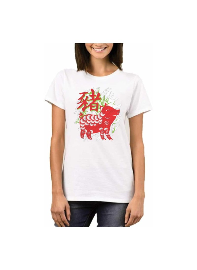 Chinese Zodiac Symbols T-Shirt For Women–Printed Design Short Sleeve Round Neck Cotton Tshirt–Comfortable And Stylish T-Shirt For Celebrations Day