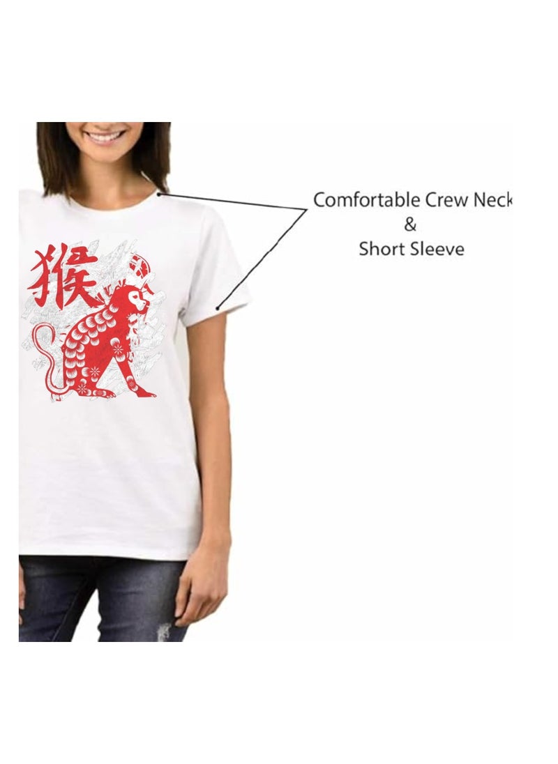 Chinese Zodiac Symbols T-Shirt For Women–Printed Design Short Sleeve Round Neck Cotton Tshirt–Comfortable And Stylish T-Shirt For Celebrations Day