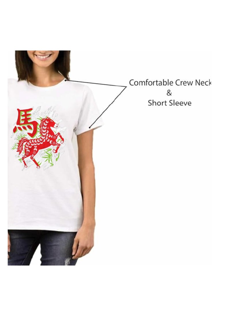 Chinese Zodiac Symbols T-Shirt For Women–Printed Design Short Sleeve Round Neck Cotton Tshirt–Comfortable And Stylish T-Shirt For Celebrations Day