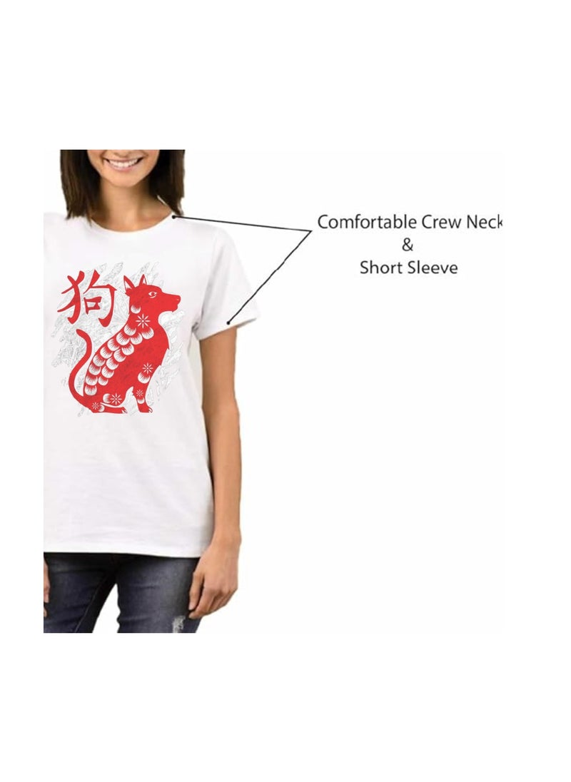 Chinese Zodiac Symbols T-Shirt For Women–Printed Design Short Sleeve Round Neck Cotton Tshirt–Comfortable And Stylish T-Shirt For Celebrations Day
