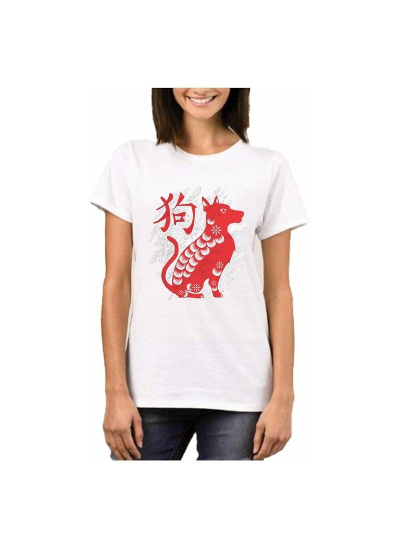 Chinese Zodiac Symbols T-Shirt For Women–Printed Design Short Sleeve Round Neck Cotton Tshirt–Comfortable And Stylish T-Shirt For Celebrations Day