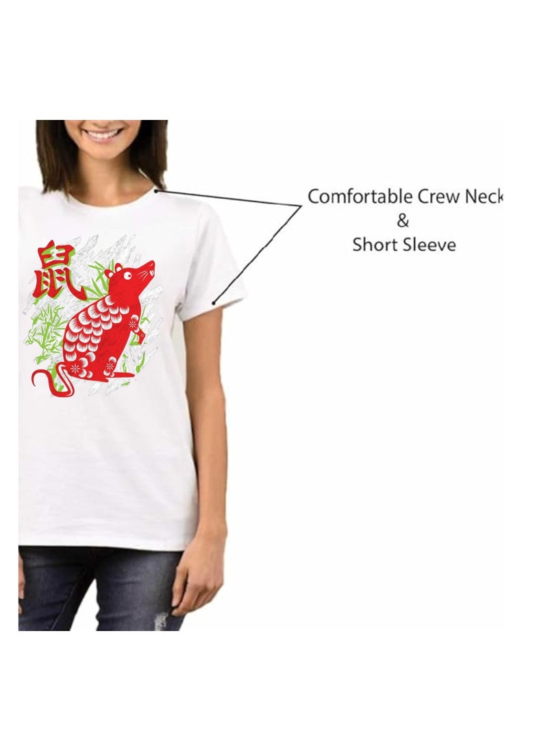 Chinese Zodiac Symbols T-Shirt For Women–Printed Design Short Sleeve Round Neck Cotton Tshirt–Comfortable And Stylish T-Shirt For Celebrations Day