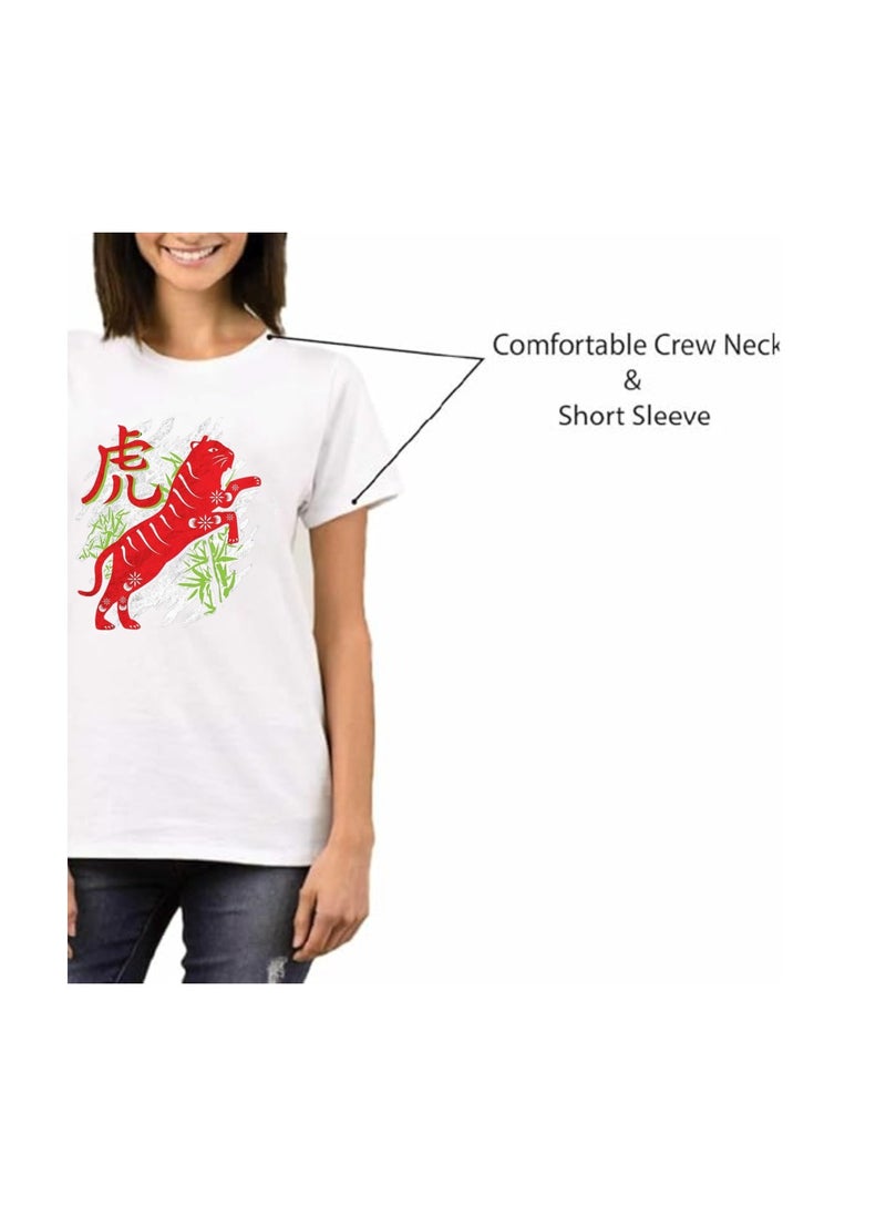 Chinese Zodiac Symbols T-Shirt For Women–Printed Design Short Sleeve Round Neck Cotton Tshirt–Comfortable And Stylish T-Shirt For Celebrations Day