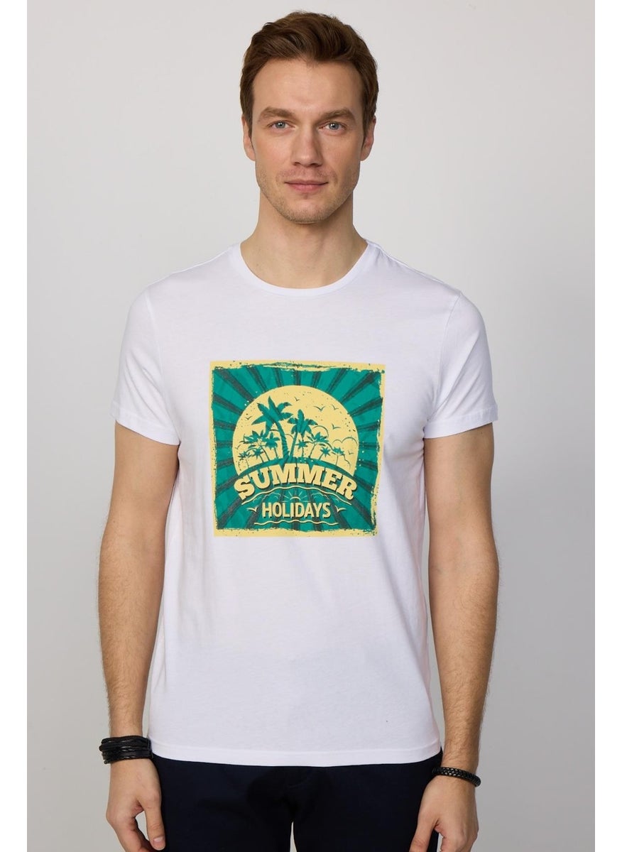 Men's Crew Neck Slim Fit Cotton White Printed T-Shirt