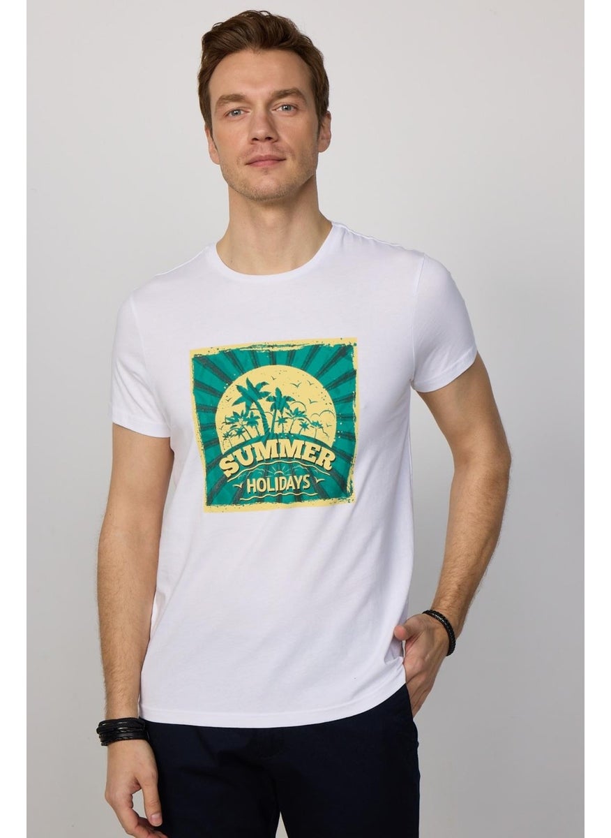 Men's Crew Neck Slim Fit Cotton White Printed T-Shirt
