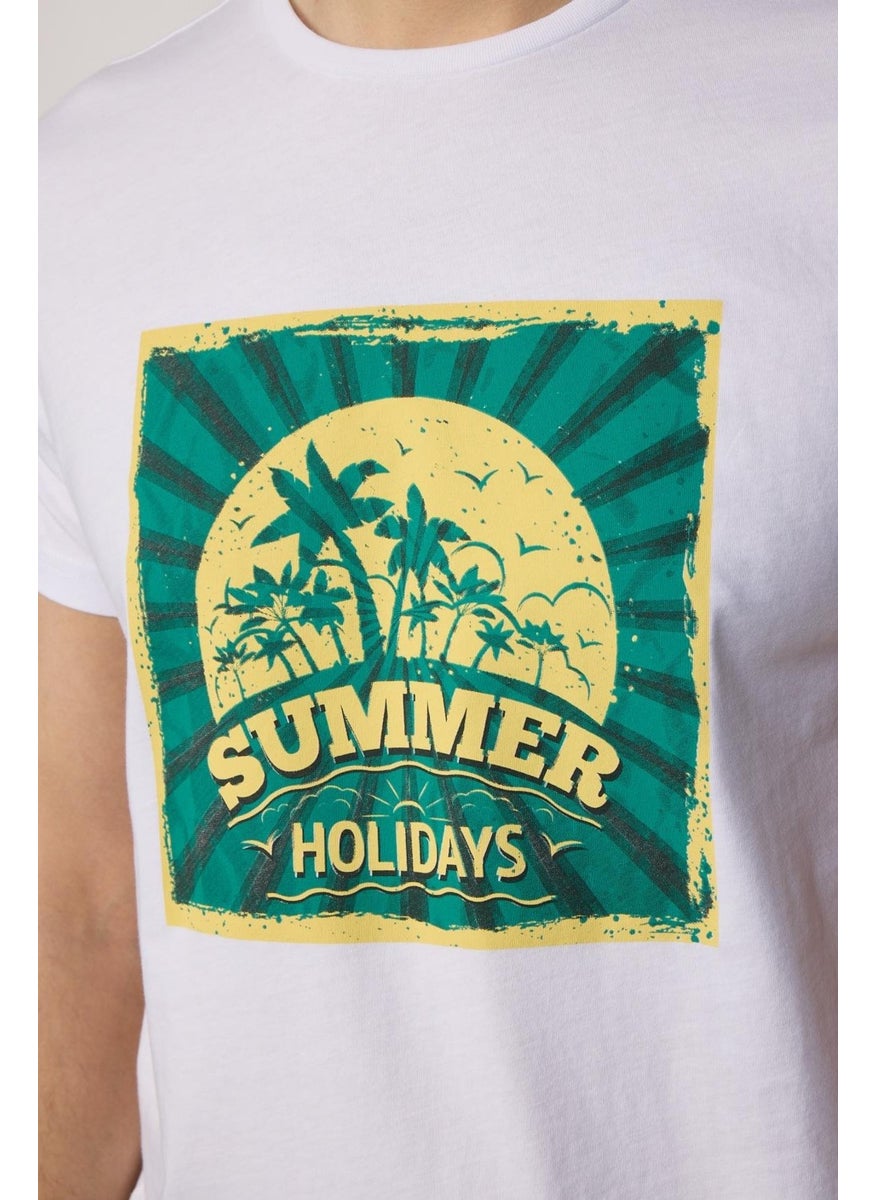 Men's Crew Neck Slim Fit Cotton White Printed T-Shirt