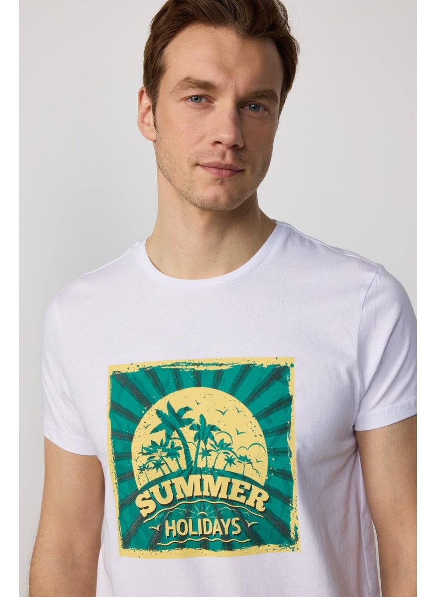 Men's Crew Neck Slim Fit Cotton White Printed T-Shirt