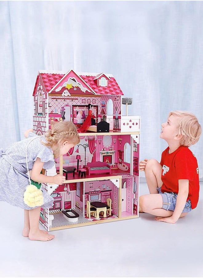 Wooden Doll Villa House Modern 3 Floors Princess Playhouse Set Diy For Kids