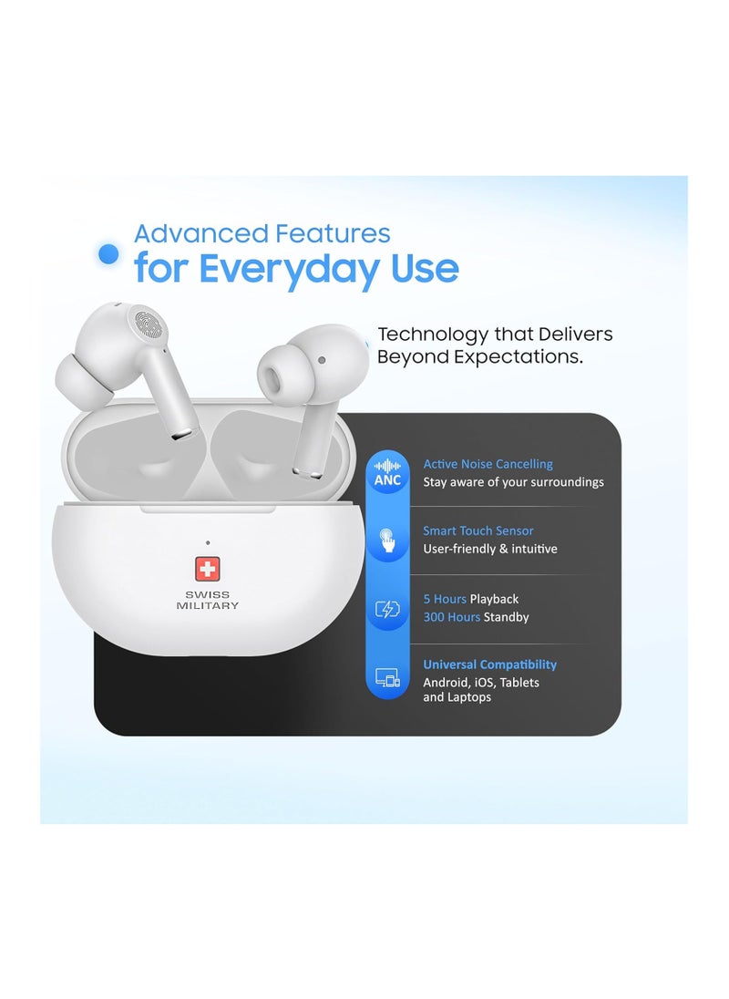 Delta5 Active Noise Cancelling Earbuds with ENC & Transparency Mode, Smart Touch Sensors, 300Hr Standby & 5Hr Music Time, Seamless Connectivity, Works with Android/iOS Phones- White