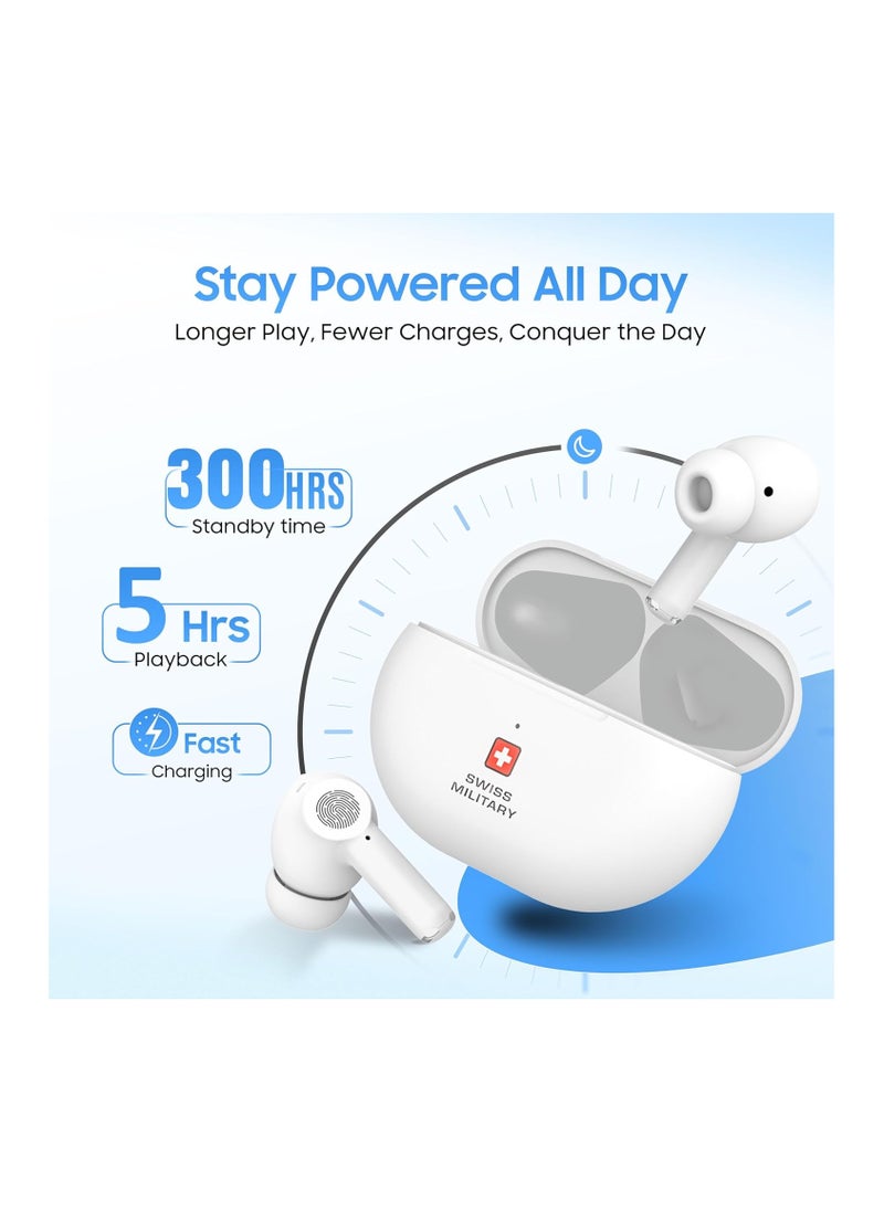 Delta5 Active Noise Cancelling Earbuds with ENC & Transparency Mode, Smart Touch Sensors, 300Hr Standby & 5Hr Music Time, Seamless Connectivity, Works with Android/iOS Phones- White