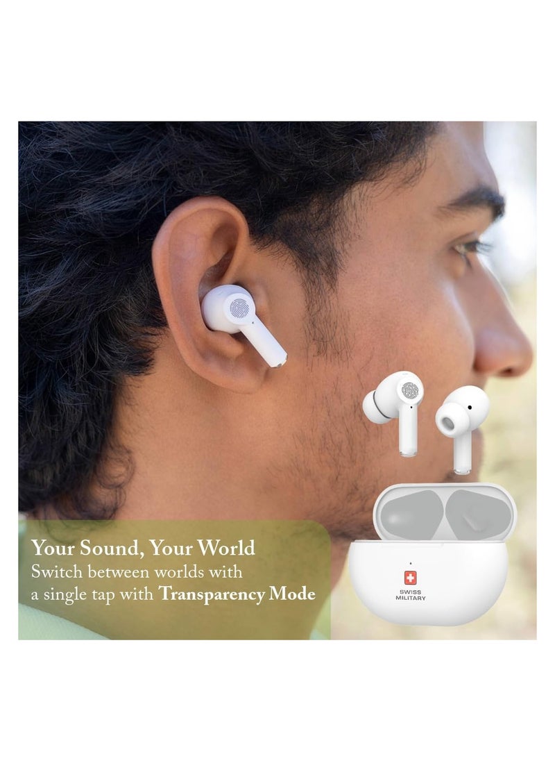 Delta5 Active Noise Cancelling Earbuds with ENC & Transparency Mode, Smart Touch Sensors, 300Hr Standby & 5Hr Music Time, Seamless Connectivity, Works with Android/iOS Phones- White