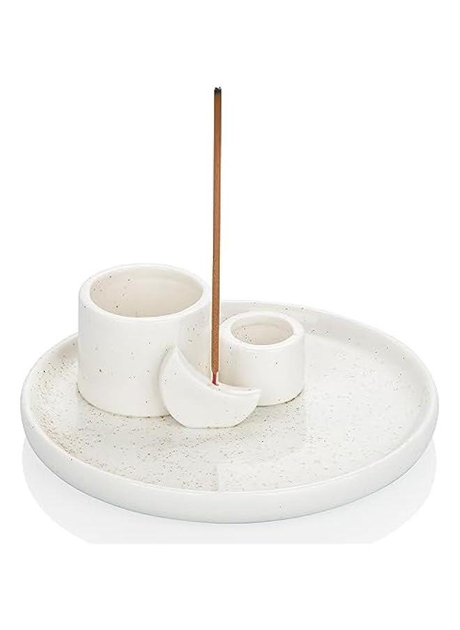 Incense Burner Holder, Palo Santo Holder, Sage Holder for Burning, Incense Holder for Sticks, Candle Holder, Ceramic Ash Catcher Tray for Meditation Yoga Room Home Decor (White)