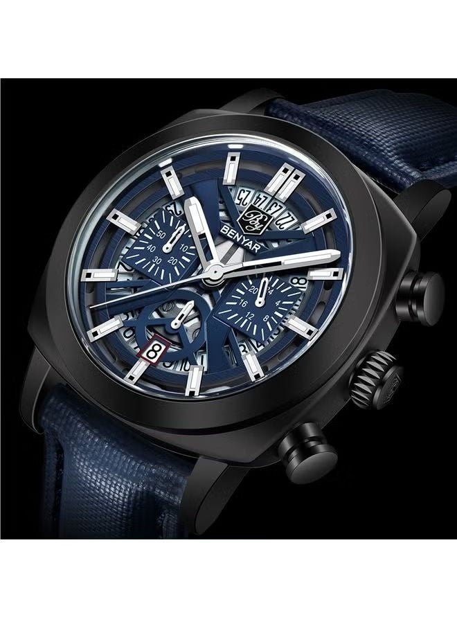 Men's Watch Leather Strap Skeleton Quartz Movement Waterproof Watch Men's Lume Pointer, Watch BY-5205 Black Blue