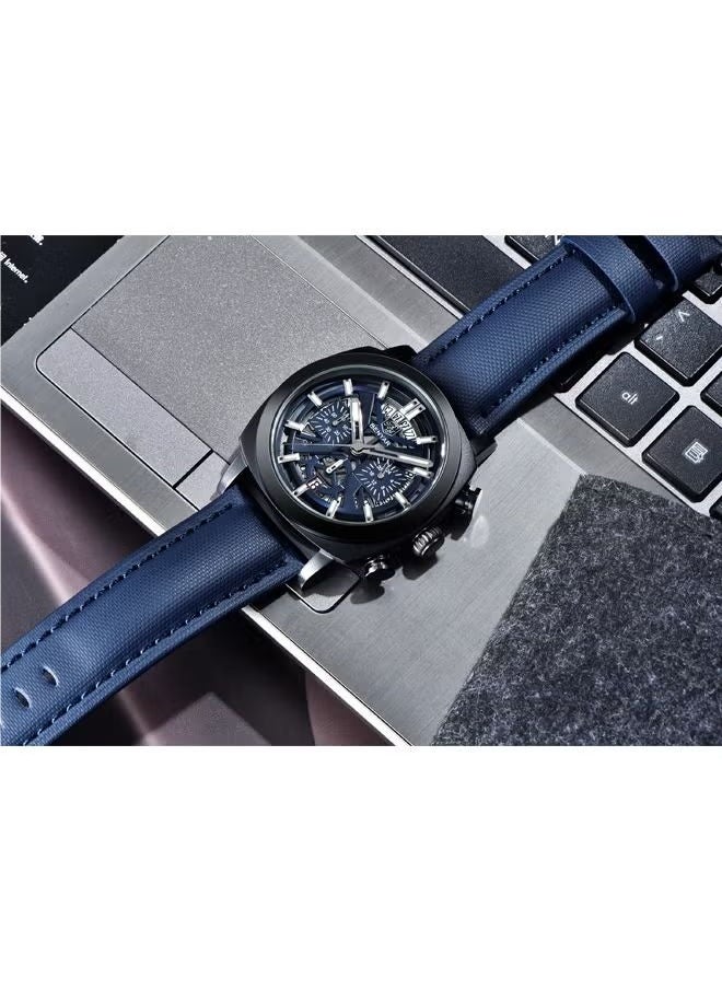Men's Watch Leather Strap Skeleton Quartz Movement Waterproof Watch Men's Lume Pointer, Watch BY-5205 Black Blue
