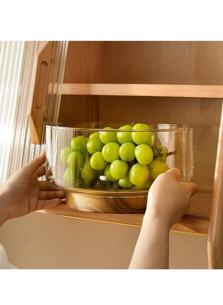 Glass Salad Fruit Bowl with Wood Base，Serving Dish for Snack, Dessert, Pasta，Kitchen Must-Have