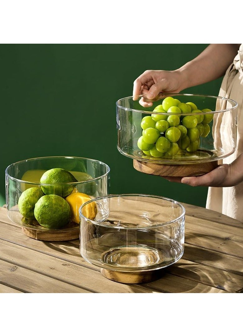 Glass Salad Fruit Bowl with Wood Base，Serving Dish for Snack, Dessert, Pasta，Kitchen Must-Have