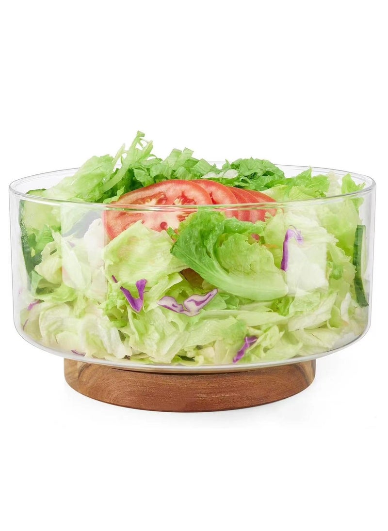 Glass Salad Fruit Bowl with Wood Base，Serving Dish for Snack, Dessert, Pasta，Kitchen Must-Have