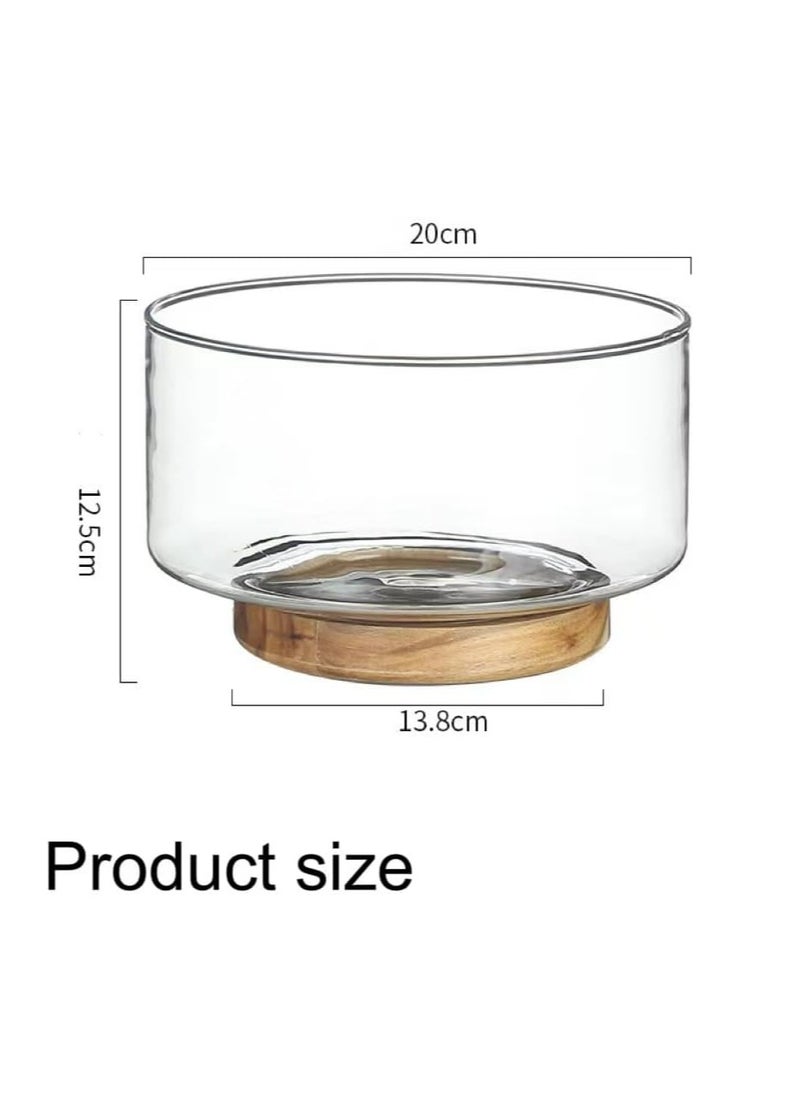 Glass Salad Fruit Bowl with Wood Base，Serving Dish for Snack, Dessert, Pasta，Kitchen Must-Have