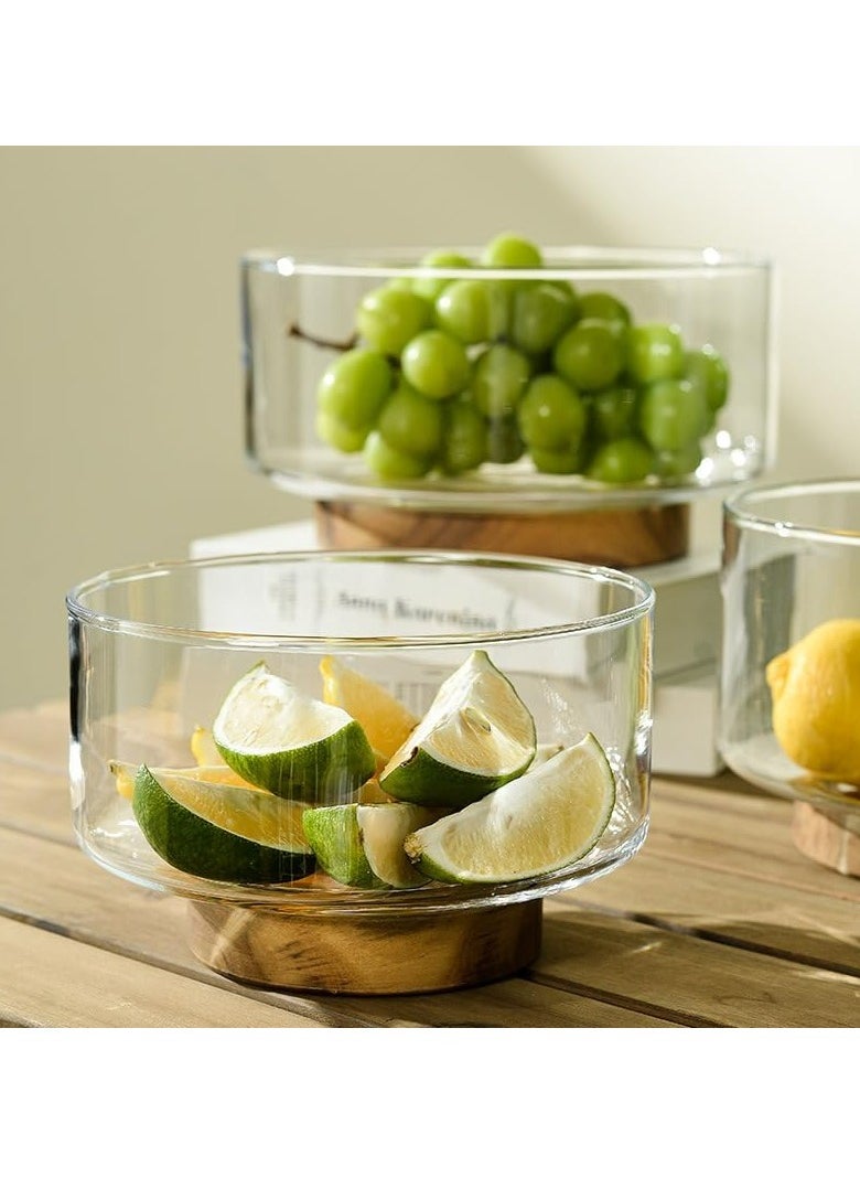 Glass Salad Fruit Bowl with Wood Base，Serving Dish for Snack, Dessert, Pasta，Kitchen Must-Have