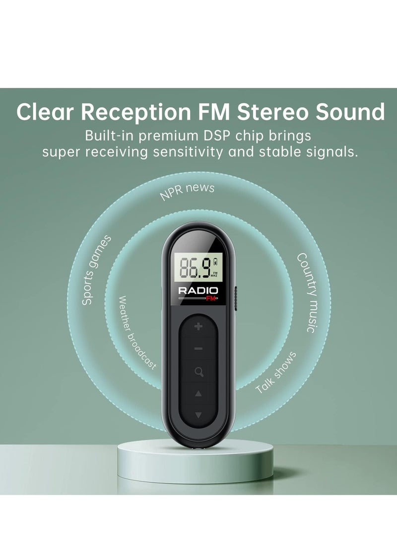 FM Radio, Rechargeable Portable Pocket Transistor Radio with Best Reception,LCD Digital Tuning with Backlight, Stereo Sound, Belt Clip for Jogging,Walking (Black)