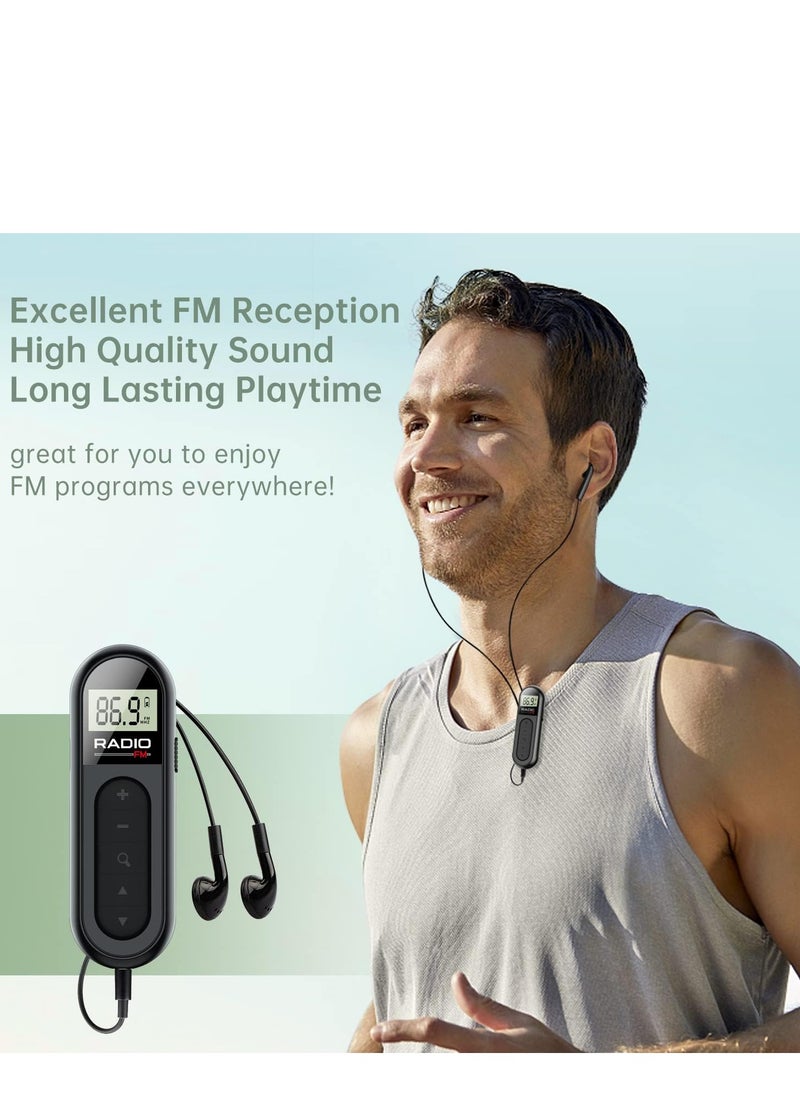 FM Radio, Rechargeable Portable Pocket Transistor Radio with Best Reception,LCD Digital Tuning with Backlight, Stereo Sound, Belt Clip for Jogging,Walking (Black)