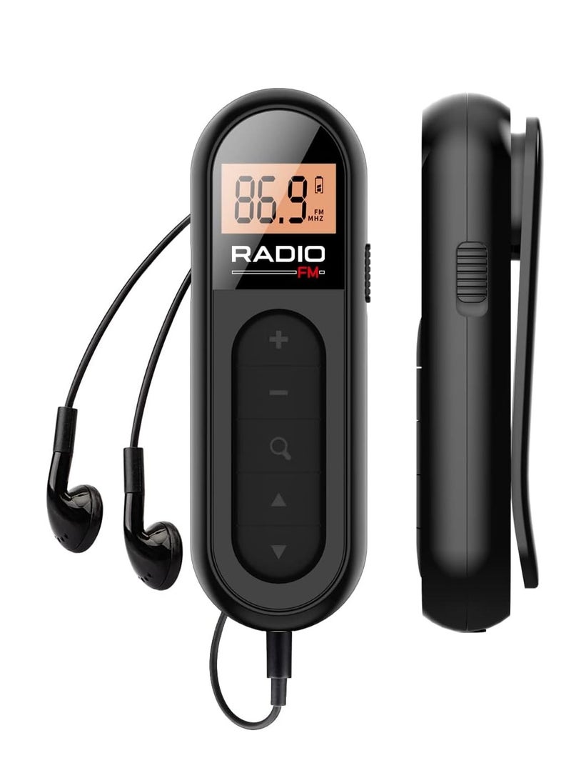 FM Radio, Rechargeable Portable Pocket Transistor Radio with Best Reception,LCD Digital Tuning with Backlight, Stereo Sound, Belt Clip for Jogging,Walking (Black)