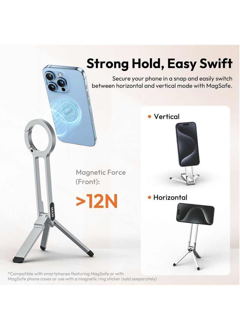 Ulanzi ULANZI MA30 Magnetic Phone Tripod Stand for iPhone Aluminium Maglock Smartphone Mini Tripod Pocket Cell Phone Stand Dual Sided Magnet Quick Mount Compatible with iPhone 16 15 14 13 12 Magsafe (Silver)
