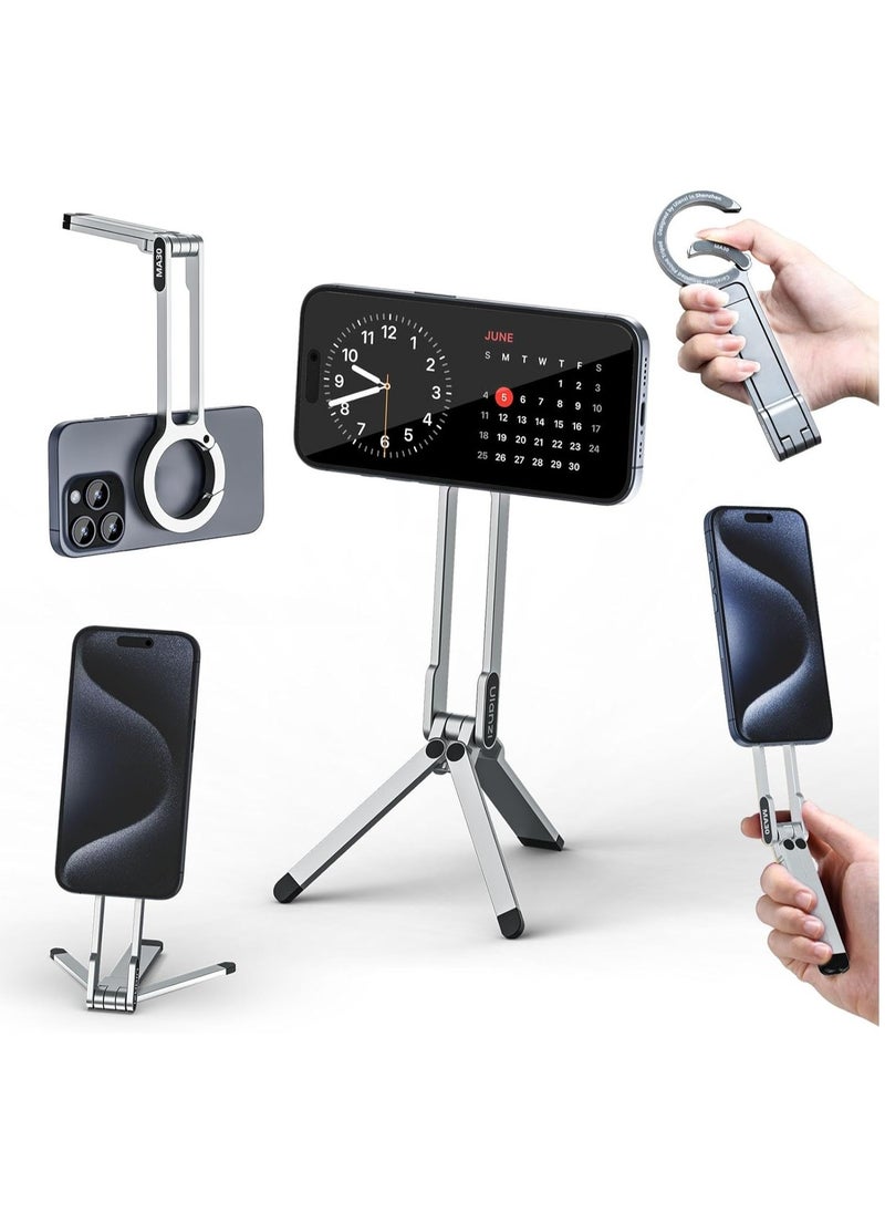 Ulanzi ULANZI MA30 Magnetic Phone Tripod Stand for iPhone Aluminium Maglock Smartphone Mini Tripod Pocket Cell Phone Stand Dual Sided Magnet Quick Mount Compatible with iPhone 16 15 14 13 12 Magsafe (Silver)