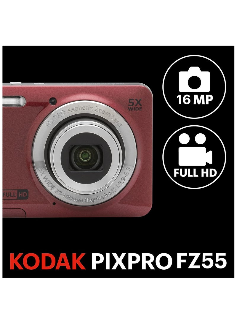 PIXPRO FZ55-RD 16MP CMOS Sensor Digital Camera 5X Optical Zoom 28mm Wide Angle 1080P Full HD Video 2.7