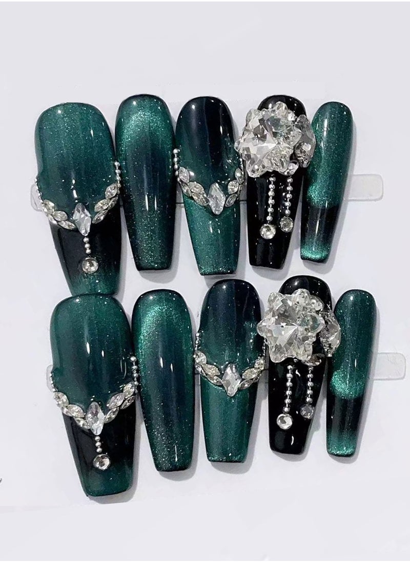 10 PCS Handmade False Nails, Fake Nails Green Cat Eye Diamond Pendant Shimmer Mid-length Press On Nails