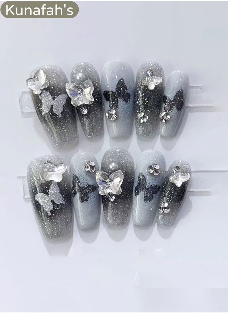Kunafah 10 PCS Handmade False Nails, Fake Nails, Black Silver Gray Diamond Shimmer Butterfly, Mid-length Press On Nails