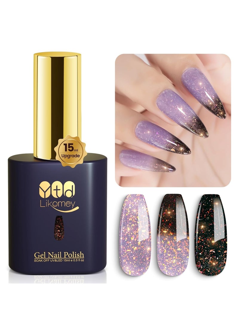 YTD Likomey Brocade Glitter Color Changing Gel Nail Polish,15ml Grayish Purple To Black Shimmer Mood Temperature Change Colors Iridescent Flakes,Spring Summer Ombre Thermal UV Gel,WB348